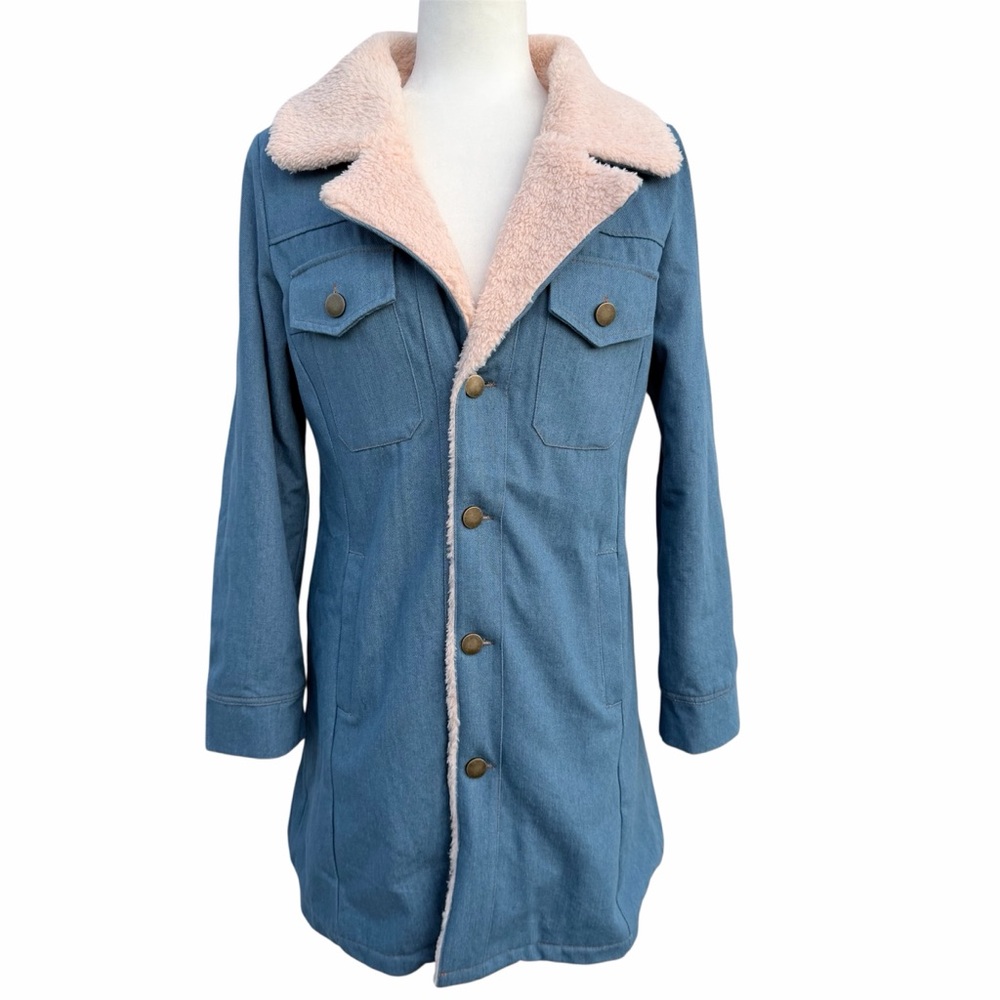 Denim Blue Western Cowgirl Boho-Chic Sherpa-Lined Longline Jacket Women’s Medium